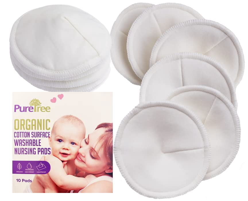 Organic Cotton Washable Nursing Pads - PureTree Reusable Breastfeeding Pads 4.5" Diameter (Pack of 10)