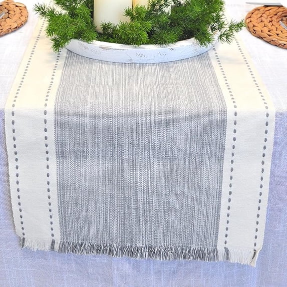 Organic Cotton Woven Stripe Table Runner with Fringe Rustic Farmhouse Cloth Dining Table Runner for Kitchen Buffet Table Boho Dresser Scarf Non Slip Washable Ombre Texture Grey / Off White 14"x90”
