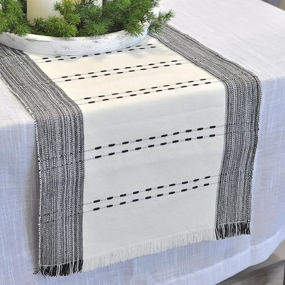 Organic Cotton Woven Stripe Table Runner with Fringe Rustic Farmhouse Cloth Dining Table Runner for Kitchen Buffet Table Boho Dresser Scarf Non Slip Washable Ombre Texture Black / Off White 14"x90”