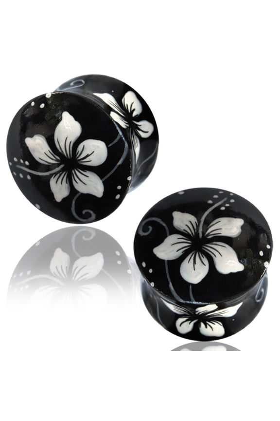 Organic Crocodile Wood Hand Painted Hawaiian Tropical Flower Double Flared Saddle Ear Plugs, Pair