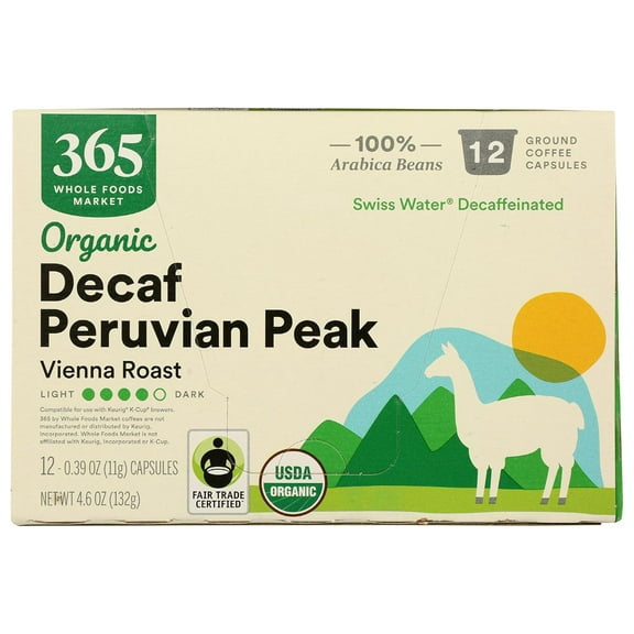 , Organic Decaf Peruvian Peak Coffee Pods, Medium-Dark Vienna Roast, 12 Count
