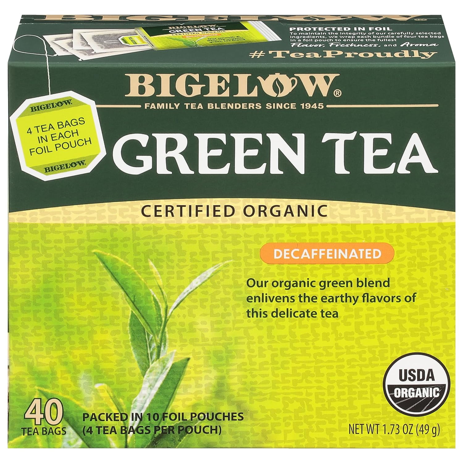 Organic Decaffeinated Green Tea, Decaf Organic Green Tea Bags, 40 Count Box (Pack of 6), 240