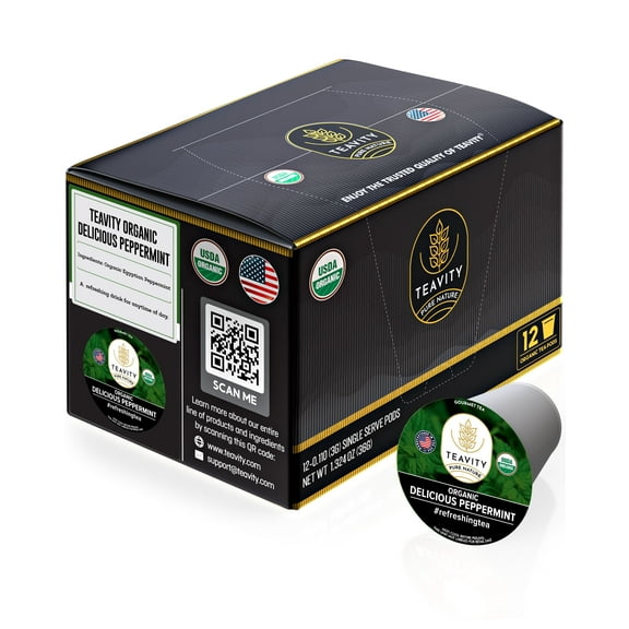 Organic Delicious Peppermint Tea Pods for Keurig Brewers by Teavity - Naturally Decaffeinated Peppermint Tea, 12 Tea Pods