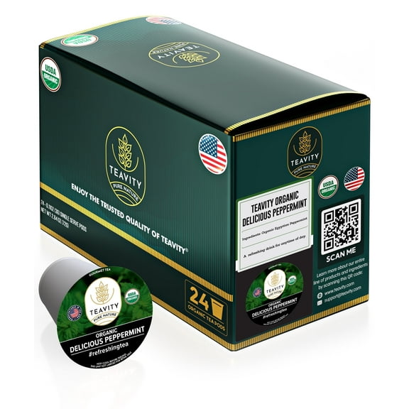Organic Delicious Peppermint Tea Pods for Keurig Brewers by Teavity - Naturally Decaffeinated Peppermint Tea, 24 Tea Pods