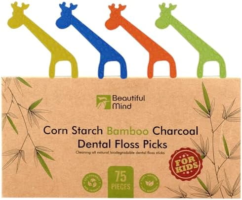 Organic Dental Floss Picks for Kids - Natural Biodegradable Floss Sticks with Strong  Charcoal Thread & Vegan Corn Starch Handle - No Plastics & No Artificial Flavours