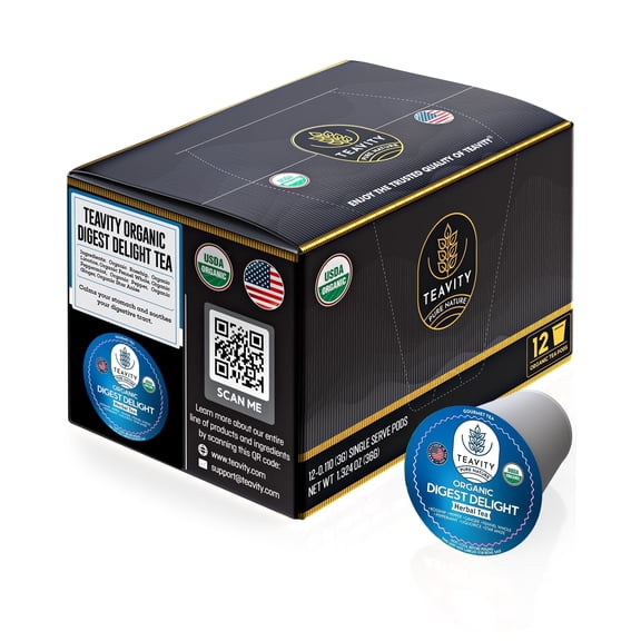 Organic Digest Delight Tea Pods for Keurig Brewers by Teavity - Naturally Decaffeinated,12 Tea Pods