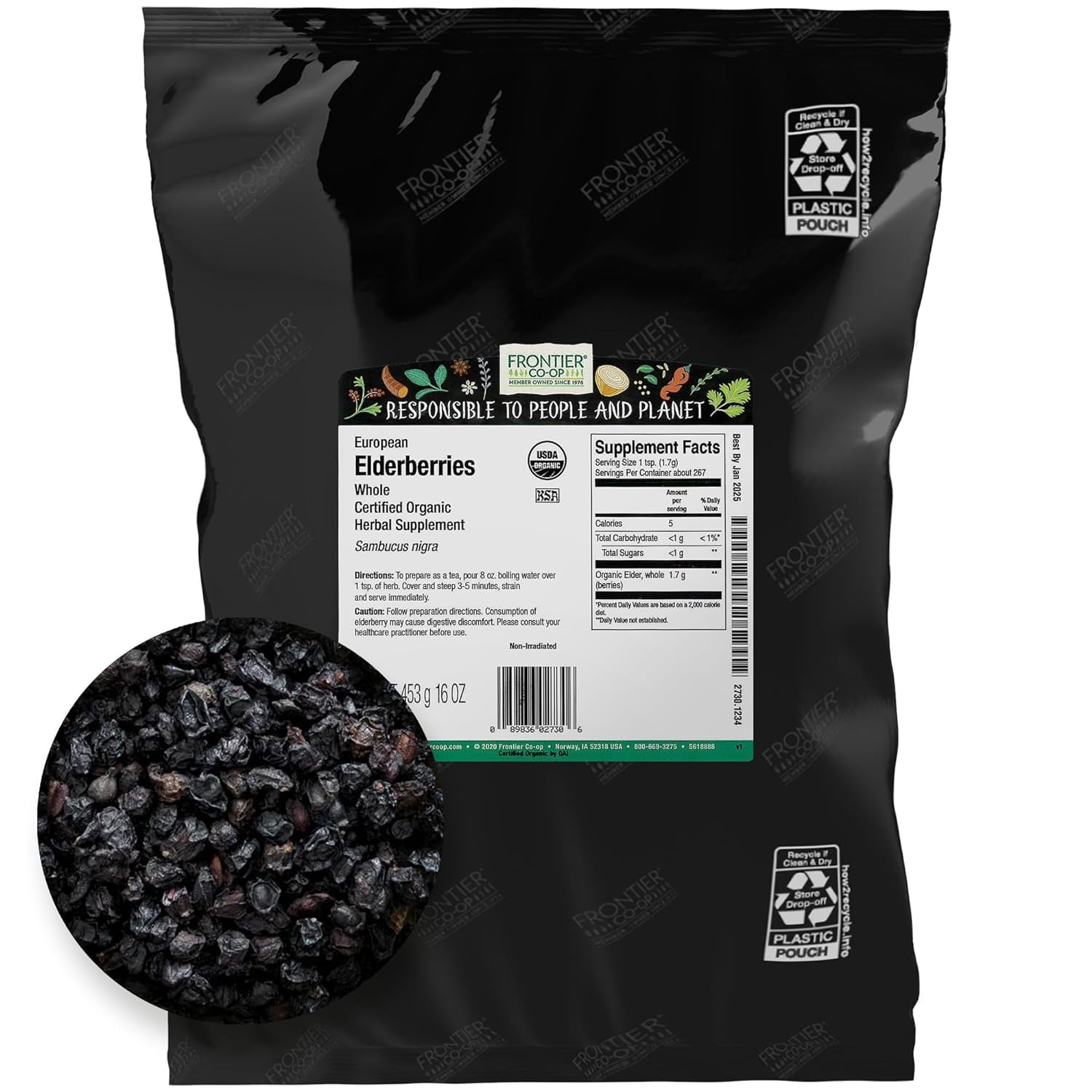 Organic Dried Elderberries, 1lb Bulk Bag, European Whole Kosher & Non