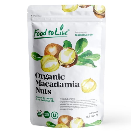 Organic Dry Roasted Macadamia Nuts Halves and Pieces, 1 Pound – Non-GMO, Vegan, Kosher, Bulk - by Food to Live