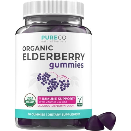 Pure Co Organic Sambucus Elderberry Immune Support Supplement for Adults, 60 Gummies