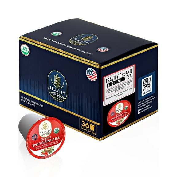 Organic Energizing Tea - Caffeine Free Hibiscus Herbal Tea Pods Compatible with Keurig Brewers - 36 Tea Pods