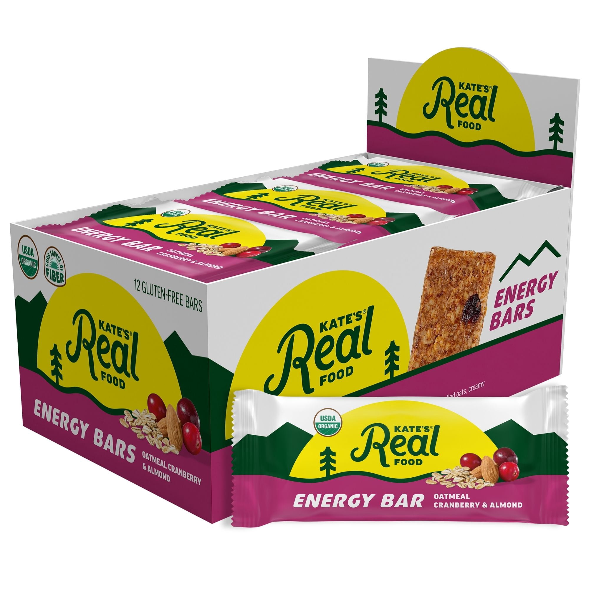 Kate’s Real Food Organic Granola Oatmeal Cranberry & Almond All Natural Energy Bars - Non GMO, Soy Free, Whole Grain, and Made with Gluten Free Oats - 12 count