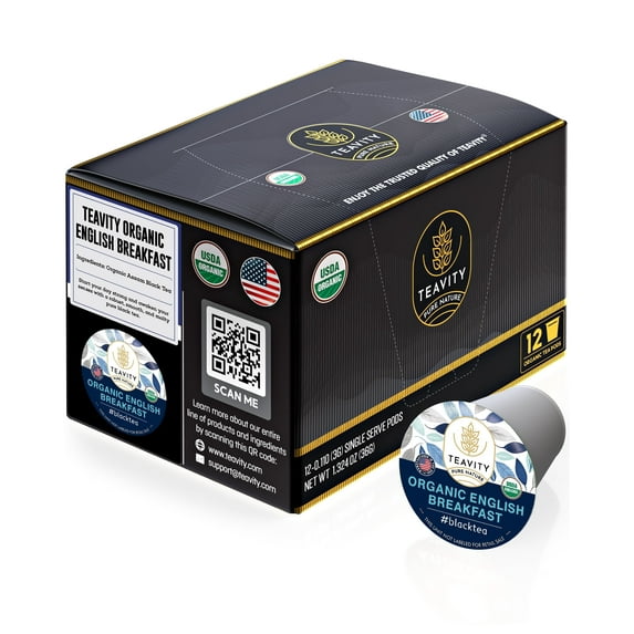 Organic English Breakfast Tea Pods Compatible with Keurig Brewers by Teavity (Black Tea, 12 Tea Pods)