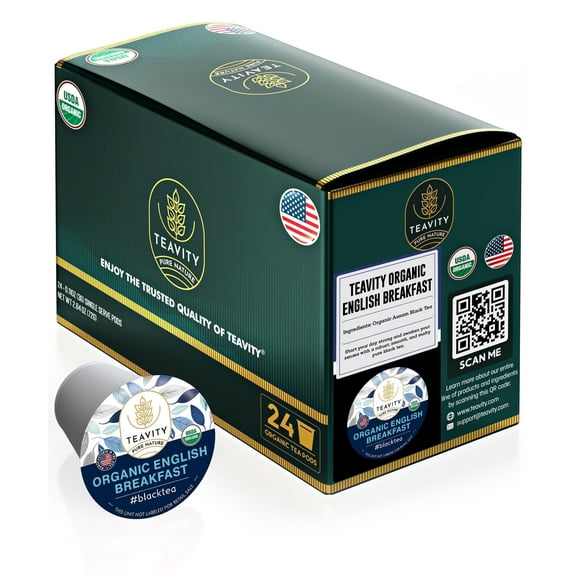 Organic English Breakfast Tea  Pods Compatible with Keurig Brewers by Teavity  (Black Tea, 24 Tea Pods)