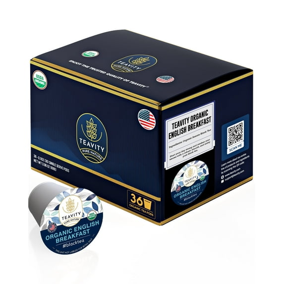 Organic English Breakfast Tea Pods Compatible with Keurig Brewers by Teavity (Black Tea, 36 Tea Pods)