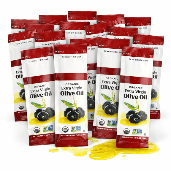 Organic Extra Virgin Olive Oil Packets  15 Count | Single Serve Portion Control | .375 fl oz Each | Restaurant & Takeout Use