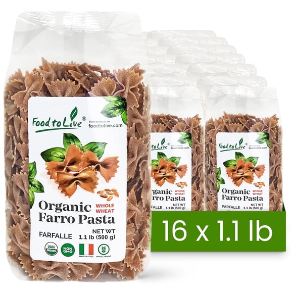 Organic Farro Farfalle Pasta, 1.1 lb (Pack of 16) Italian Whole Wheat and Non-GMO Bow-tie Pasta by Food to Live
