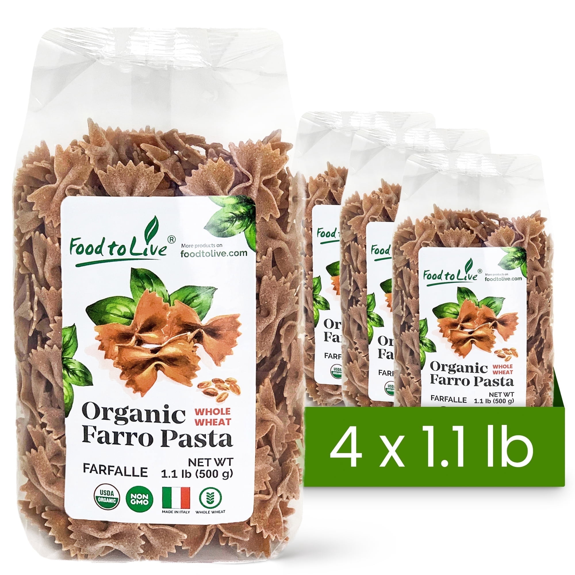 Organic Farro Farfalle Pasta, 1.1 lb (Pack of 4) – Italian Whole Wheat and Non-GMO Bow-tie Pasta – by Food to Live
