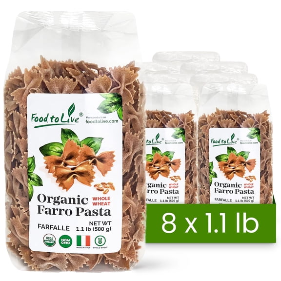 Organic Farro Farfalle Pasta, 1.1 lb (Pack of 8) Italian Whole Wheat and Non-GMO Bow-tie Pasta by Food to Live