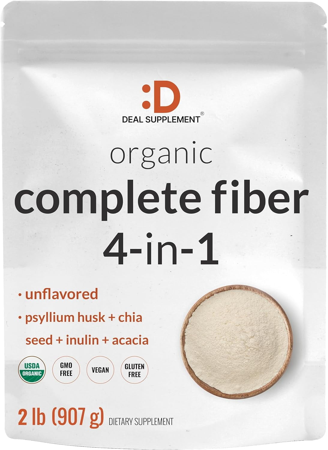Organic Fiber Powder Supplement, 2Lbs With Psyllium Husk, Chia Seed, Inulin, & Acacia Daily