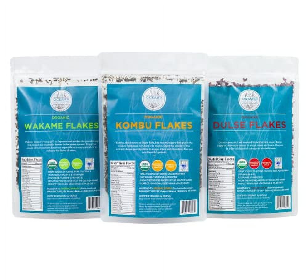 Organic Flakes Seaweed Combo Pack (2 Oz Pouch Dulse 4Oz Wakame Kombu