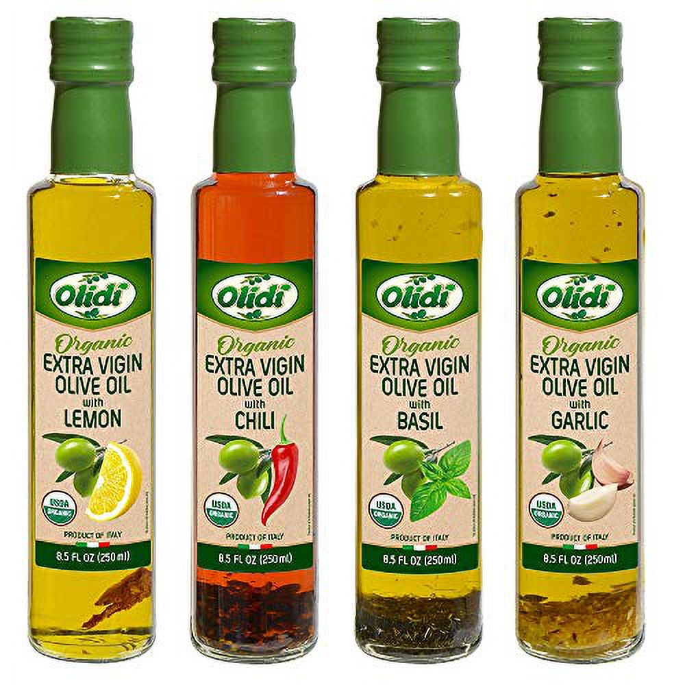 Organic Flavored Extra Olive Oil Set Garlic, Basil, Chili, Lemon, 8.5