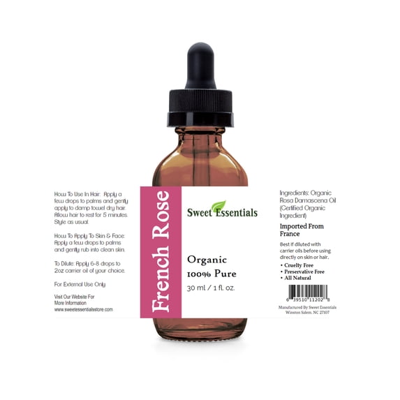 Organic French Rose Essential Oil - Rosa Damascena - 1oz - Imported from France - 100% Pure, Undiluted, Therapeutic Grade, Aromatherapy - Perfect for Diffusers, Hair, Skin and Nail Care