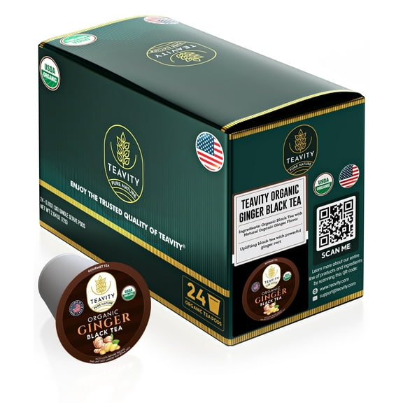 Organic Ginger Black Tea Pods Compatible with Keurig Brewers by Teavity (Black Tea, 24 Tea Pods)