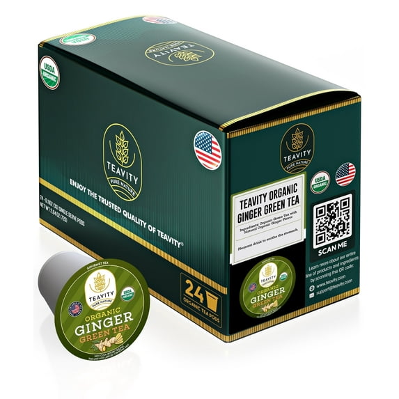 Organic Ginger Green Tea Pods for Keurig Brewers by Teavity - Naturally Caffeinated, 24 Tea Pods