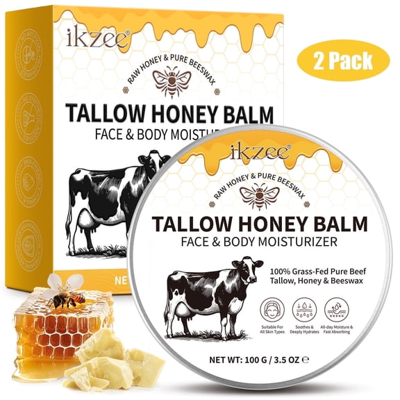 Organic Grass-Fed Beef Tallow Balm with Raw Honey - Moisturizing Cream for Soft, Smooth Skin - 2Pack