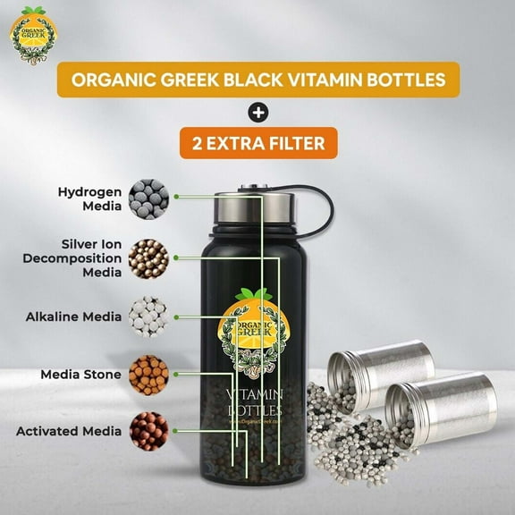 Organic Greek Black Vitamin Bottles Hydrogen Alkaline Generator 2 Extra Filter 28OZ
