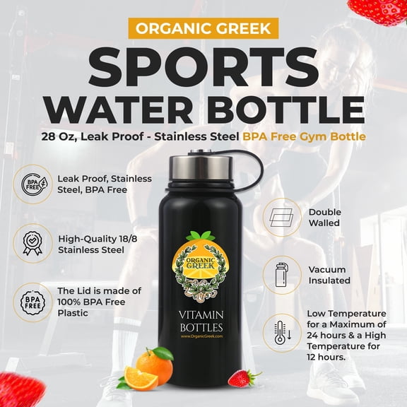 Organic Greek Sports Water Bottle - 28 Oz, Leak Proof - Black Stainless Steel BPA Free Gym & Bottles For Men, Women & Kids - Double Walled, Vacuum Insulated