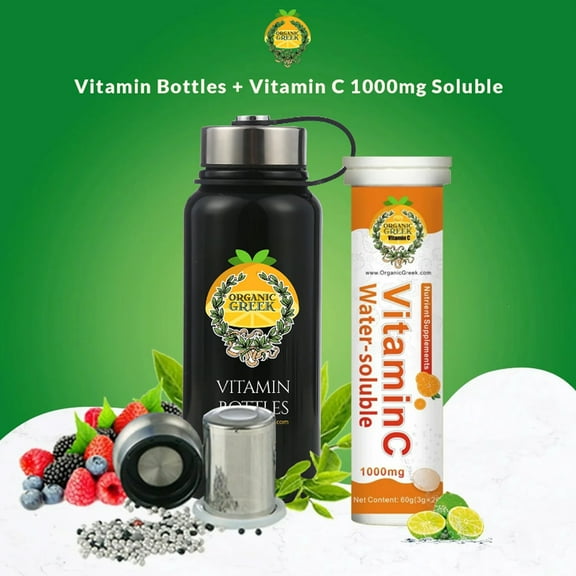 Organic Greek Unisex Alkaline Black Stainless Steel Vitamin Water Bottle + Vitamin C 1000mg Soluble