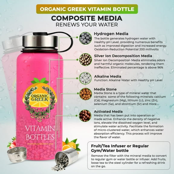 Organic Greek Vitamin Bottles. Hydrogen Alkaline Generator Water + Filter 4 In 1 Design Pink Stainless Steel 800mL (27.05 FL OZ)