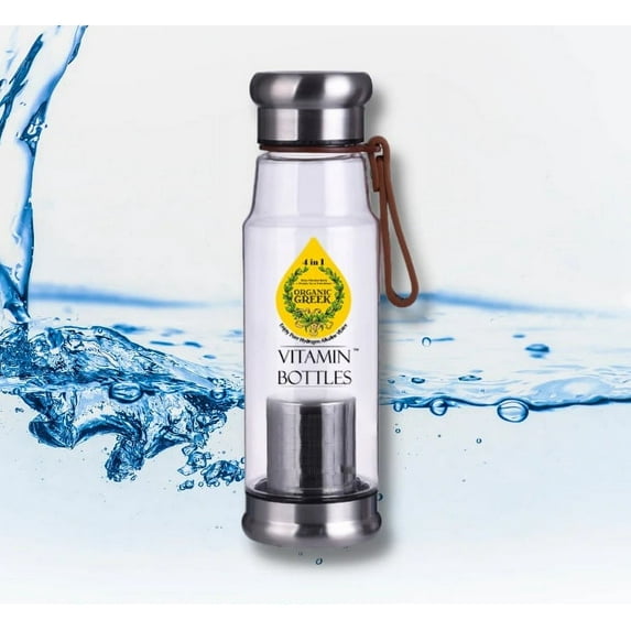 Organic Greek Vitamin Bottles. Hydrogen Alkaline Generator Water + Filter 4 in 1 Design 450mL (15.2 FL OZ) Bpa, Tea infuser