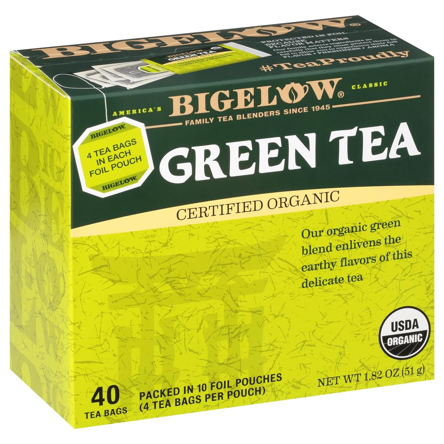 Organic Green Tea Bags Box, Caffeinated Tea with Green Tea, 40 Count