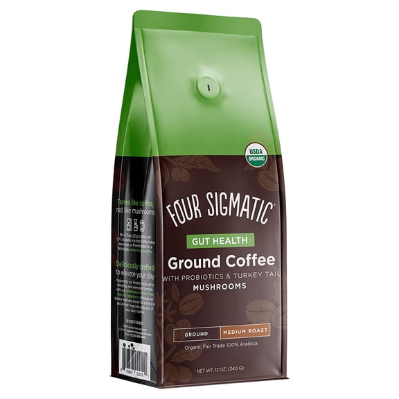 Organic Ground Coffee by Four Sigmatic | Medium Roast | Fair Trade Gourmet Coffee with Chaga and Turkey Tail | Immune Boosting, Probiotic Mushroom Coffee for Gut Health and Immune Support | 12oz Bag