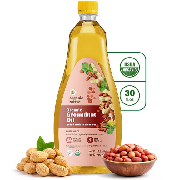 Organic Tattva Cold Pressed Groundnut (Peanut) Oil for Cooking 1 Litre (33.8 fl oz), Vitamin E & D Rich, No Added Preservatives, USDA Certified