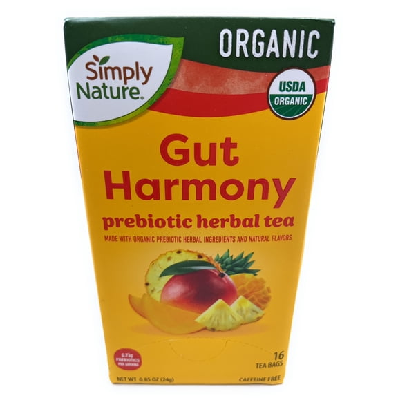 Organic Gut Harmony Prebiotic Herbal Tea, Made with Organic Probiotic Herbal Ingredients and Natural Flavors, Caffeine Free 16 bags, Simply Nature 0.85oz, Pack of 1