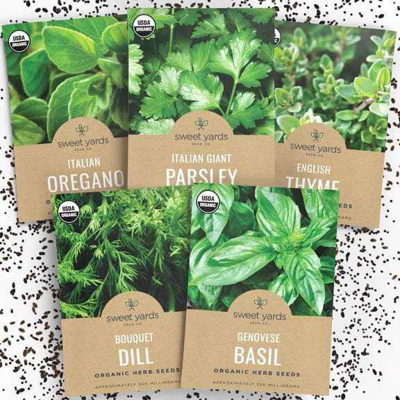 Organic Herb Seeds Variety Pack - MVR15 Individual Packs - 2025 Season - Basil, Oregano, Dill, Thyme & Parsley. for Indoor & Outdoor Planting (Non-GMO, Certified Organic)
