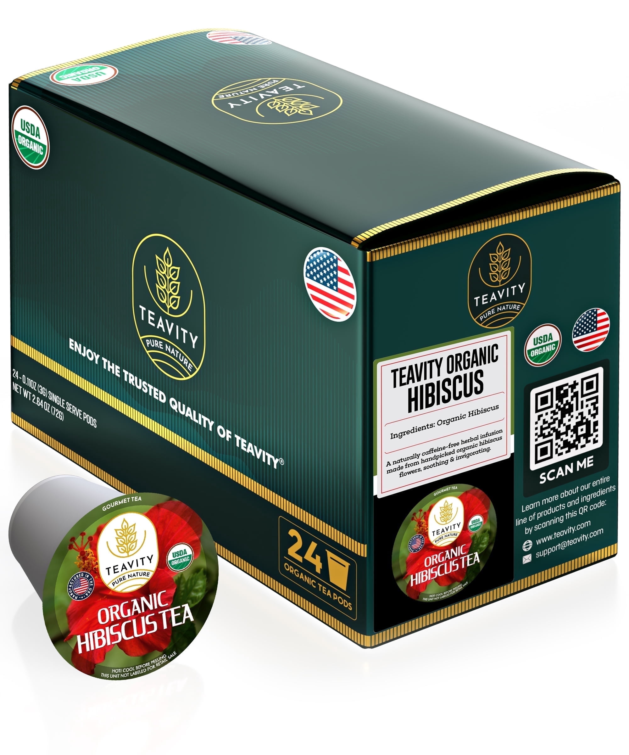 Organic Hibiscus Sabdariffa Tea Pods for Keurig Brewers by Teavity - Naturally Decaffeinated, 24 Tea Pods