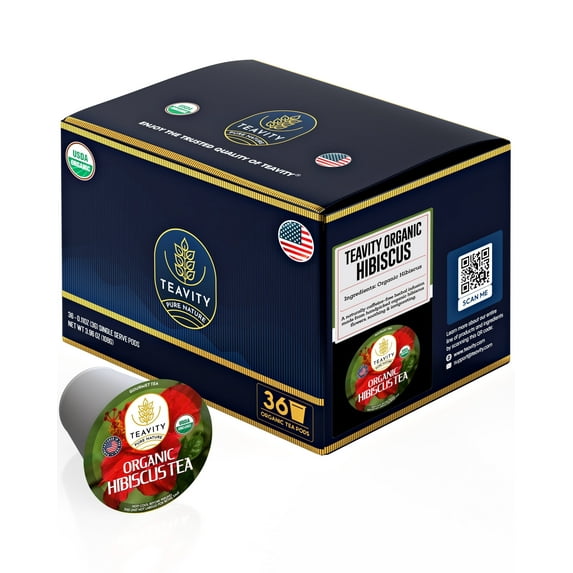 Organic Hibiscus Sabdariffa Tea Pods for Keurig Brewers by Teavity - Naturally Decaffeinated, 36 Tea Pods