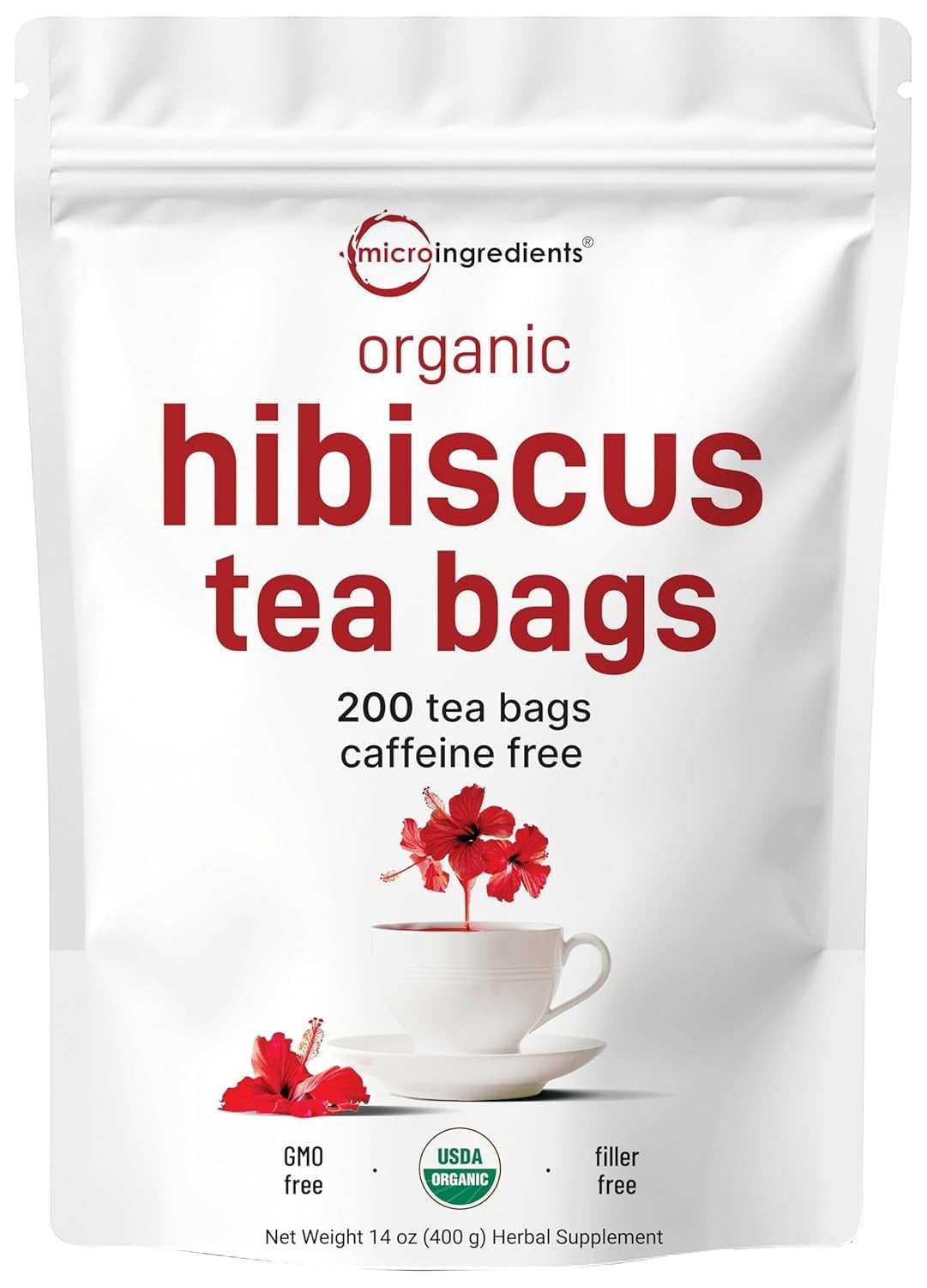 Micro Ingredients Organic Hibiscus Tea Bags, 200 Count | Caffeine Free Herbal Tea, Non-GMO, No Sugar