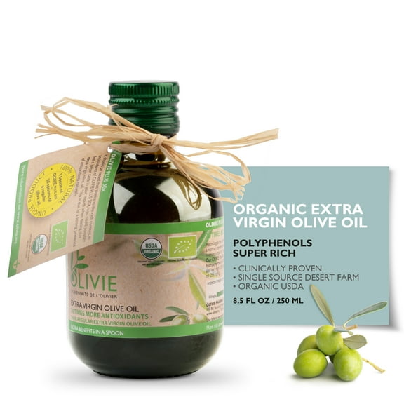 Organic High Polyphenol Rich Extra Virgin Olive Oil OLIVIE PLUS 30X | Moroccan Desert Olive Oil | EVOO | MD Recommended | Organic, Kosher | 250 ml Glass Bottle