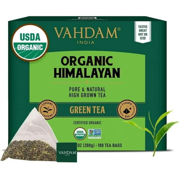 , Organic Himalayan Green Tea (100 Count) High Grown, Non GMO, Gluten Free, Low Caffeine | Earthy & Smooth | Resealable & Individually Wrapped | Plant-Based Pyramid Tea Bags