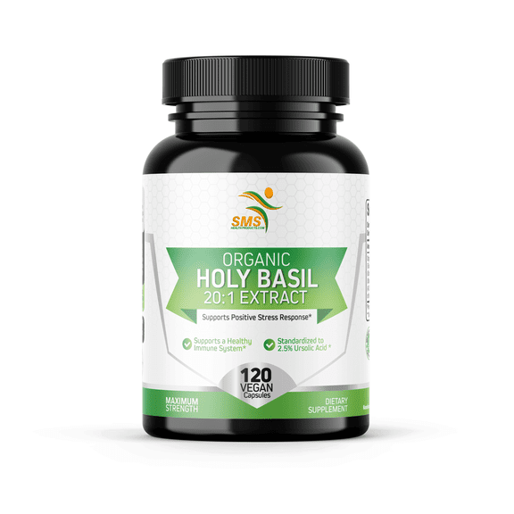 Organic Holy Basil 20:1 Extract, Max Potency, 2.5% Ursolic Acid, 120 Vegan Capsules, 4-Month Supply, Concentrated & Standardized 20X Tulsi Extract, 100% Certified Organic, Non-GMO