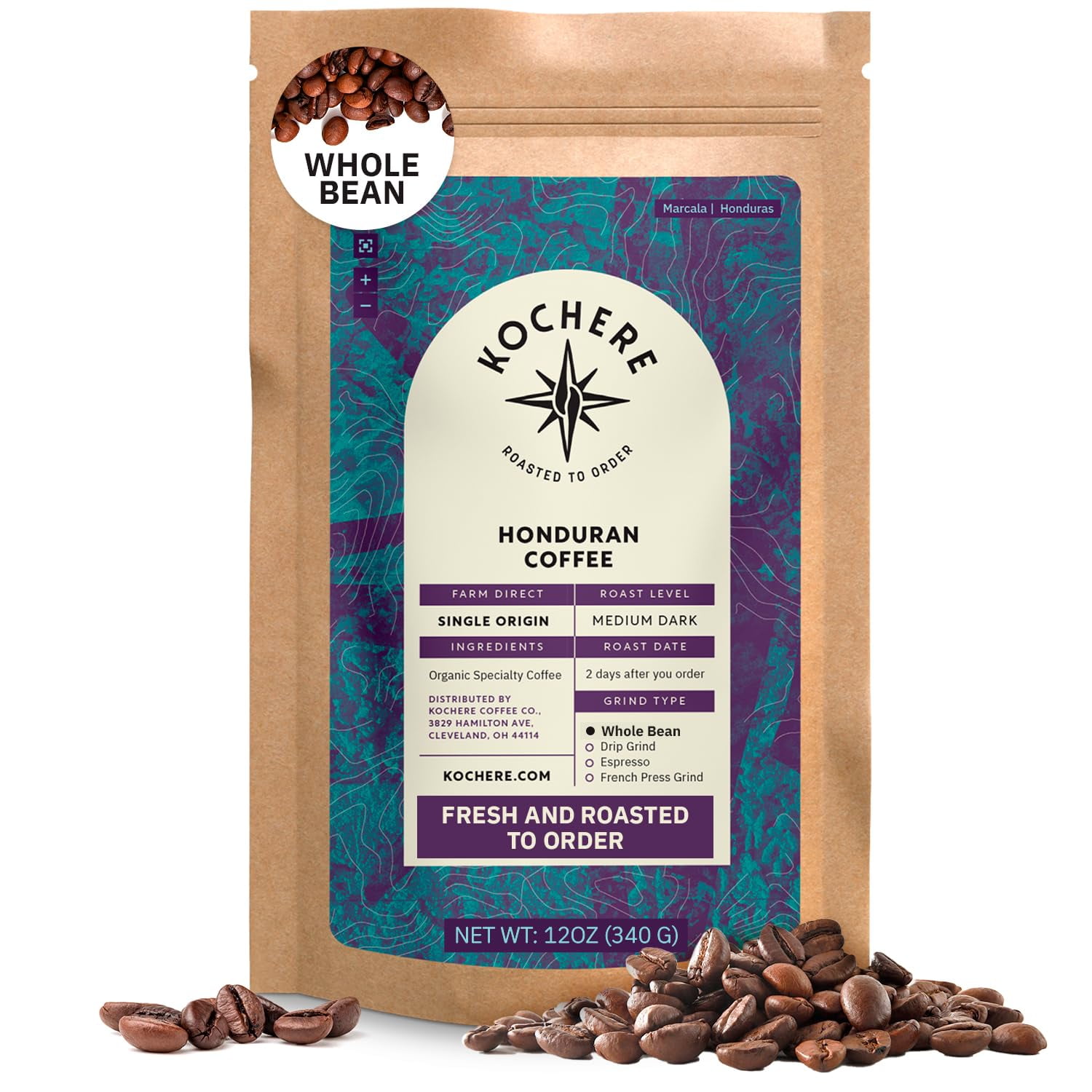 Organic Honduran Whole Bean Coffee Medium Dark Roast 12oz, Single