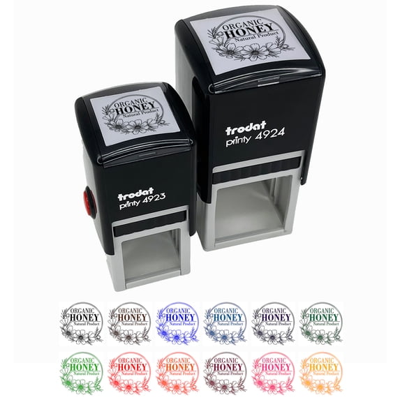 Organic Honey Natural Product with Cosmos Flowers Self-Inking Rubber Stamp Ink Stamper - Lime Green Ink - Small 1 Inch