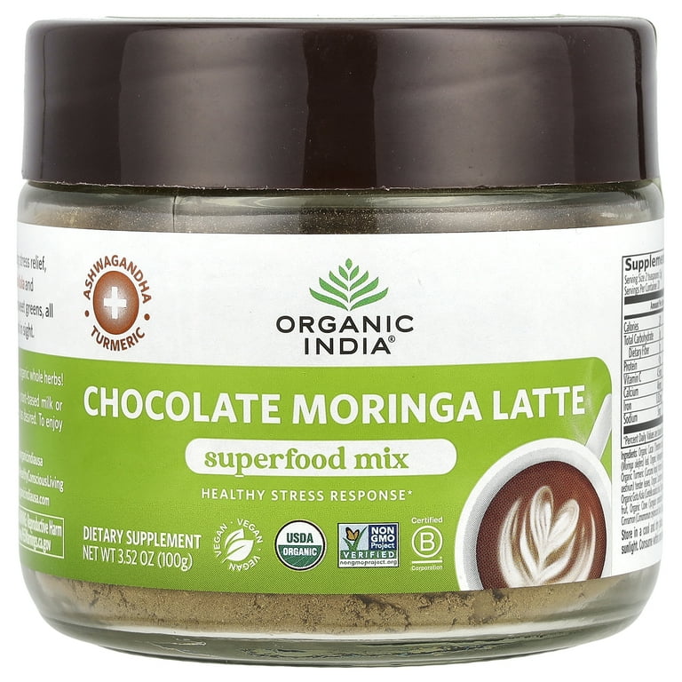 Organic India Chocolate Moringa Latte, Superfood Mix, 3.52 oz (100