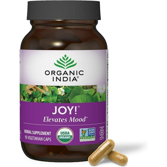 Organic India Joy Herbal Supplement - Immune Support, Promotes Memory & Concentration, Vegan, Gluten-Free, Kosher, USDA Certified Organic, Non-GMO, Calming - 90 Capsules