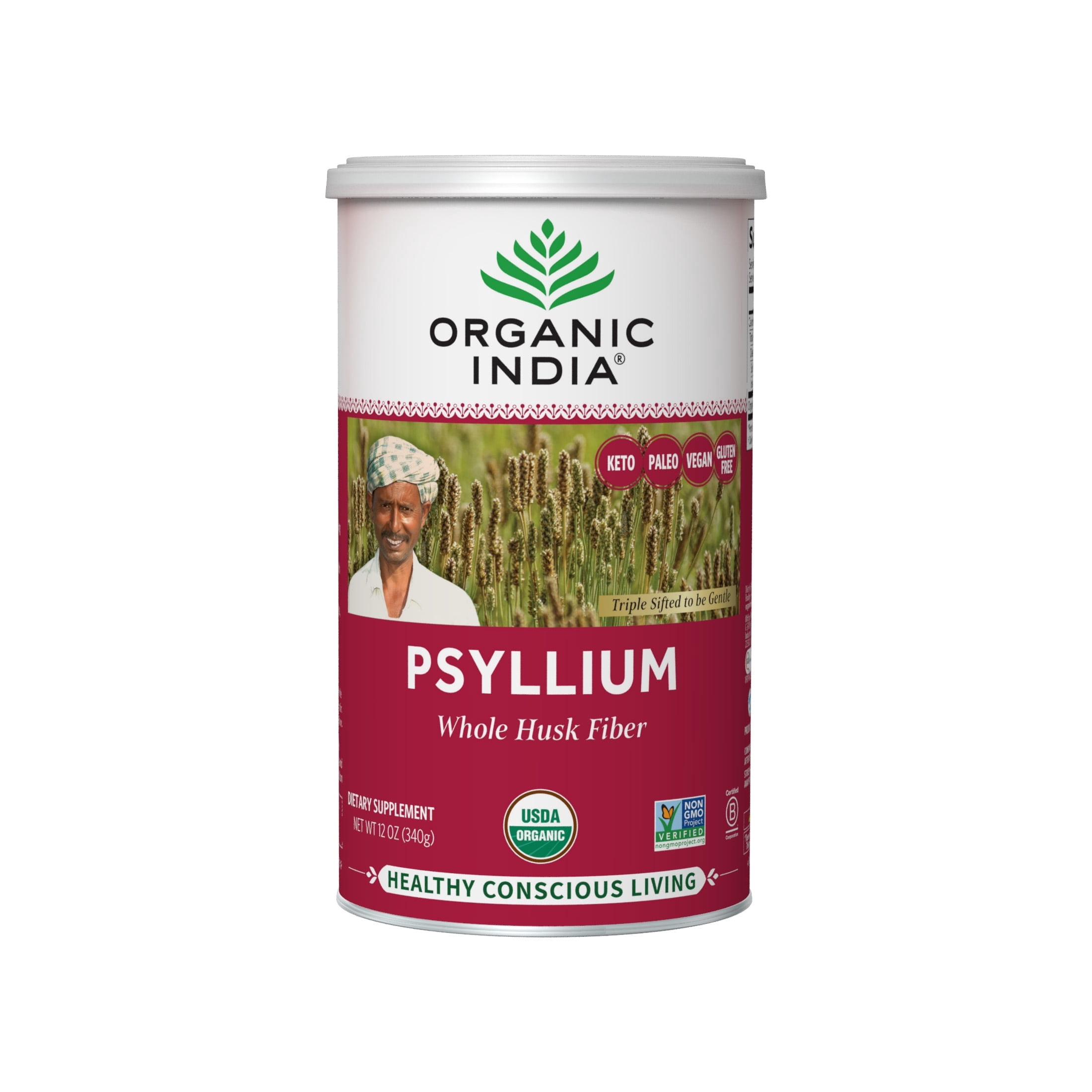 Organic India Psyllium, Whole Husk 100% Certified Organic Fiber, Natural Dietary Fiber 12 oz